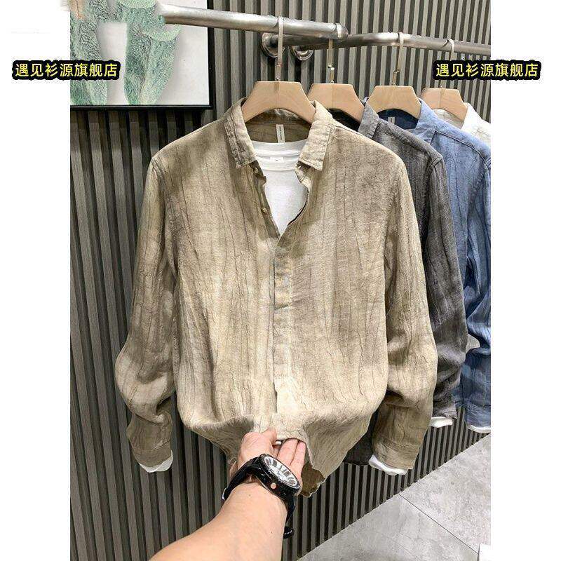 欧货潮牌春秋款高级感小众轻奢亚麻衬衫男长袖痞帅个性外套衣服潮