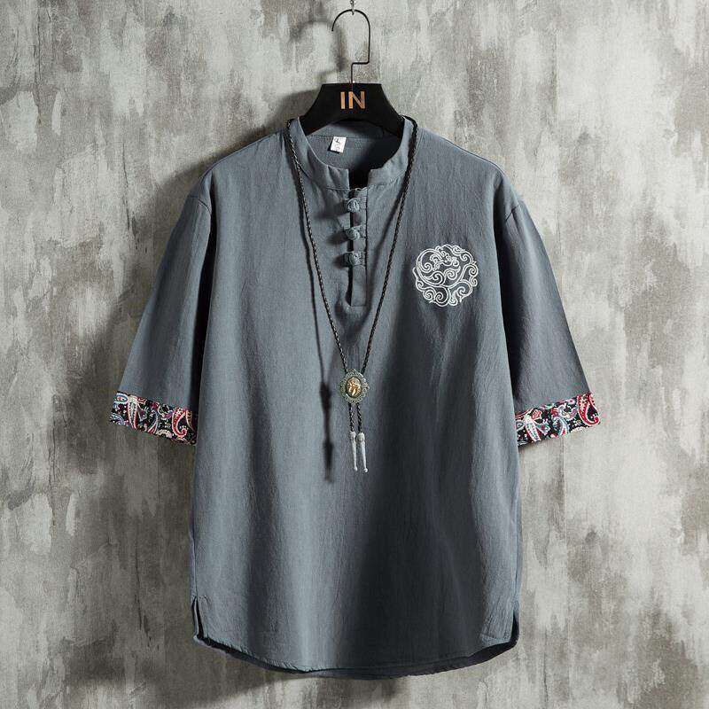 中式古装衬衫男士短袖中国风棉麻半袖t恤唐装刺绣大码宽松衬衣服