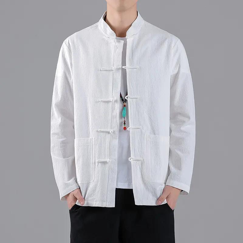 中式复古盘扣苎麻衬衫男长袖唐装衬衣棉麻布衣服春夏季亚麻外套薄图片