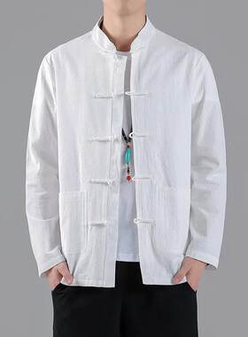 中式复古盘扣苎麻衬衫男长袖唐装衬衣棉麻布衣服春夏季亚麻外套薄