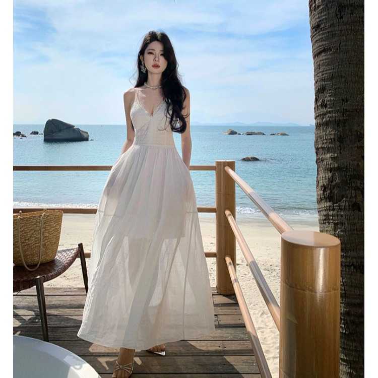 白色度假风超仙露背拍照仙女长裙