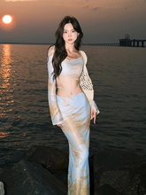泰国度假穿搭套装连衣裙三亚海边弹力网纱长袖上衣性感开叉半身裙