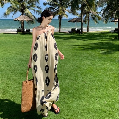 泰国旅行度假风斜肩三亚沙滩长裙