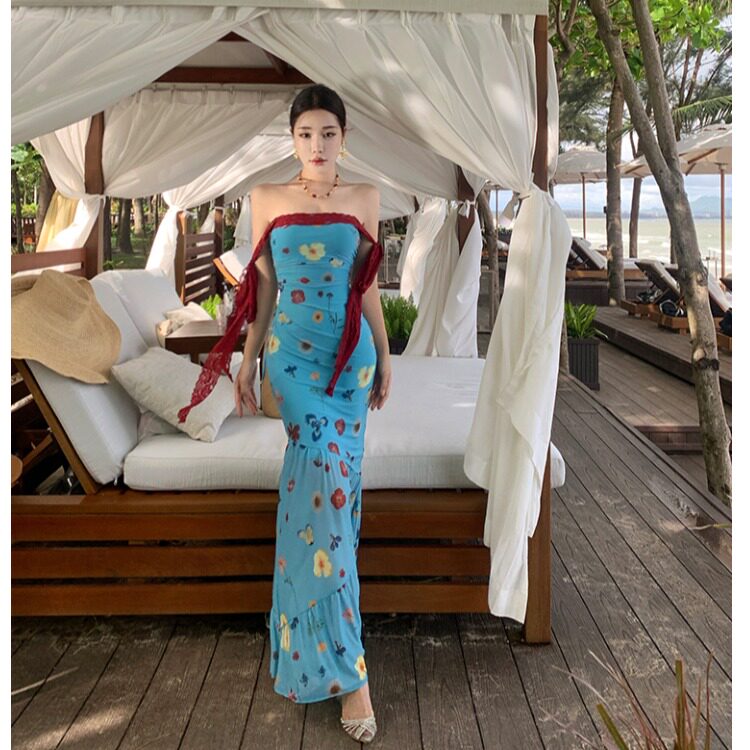 巨好看显身材网纱蓝色印花包臂裙