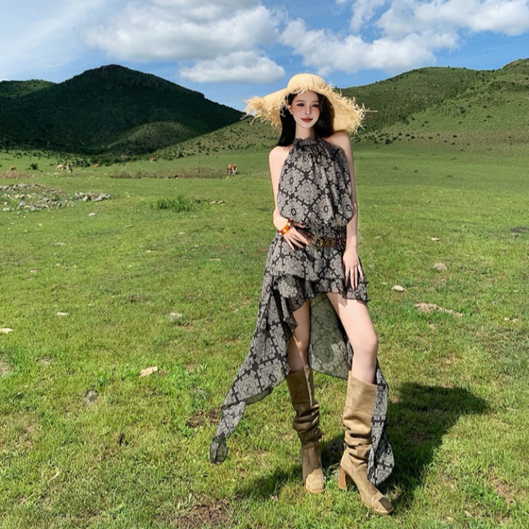 法式浪漫不规则前短后长度假风裙