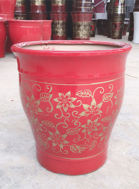 红色陶瓷花盆庭院客厅办公楼发财树鸭脚木发财树幸福树盆栽特大盆