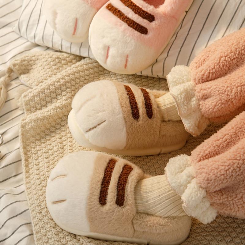 可爱猫爪加厚毛绒亲子包跟棉鞋情侣冬季居家室内防滑保暖棉拖鞋
