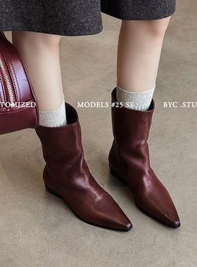 Seenlt-法式高级感牛皮尖头坡跟短靴女简约百搭西部靴2025秋冬新