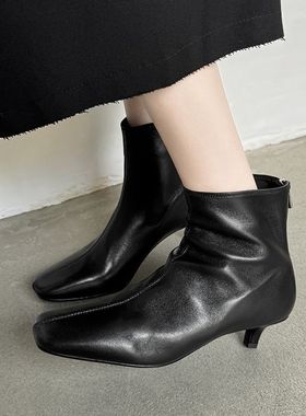 Seenlt-法式气质短靴女2025新款秋冬尖头裸靴4.5cm小猫跟韩系瘦瘦