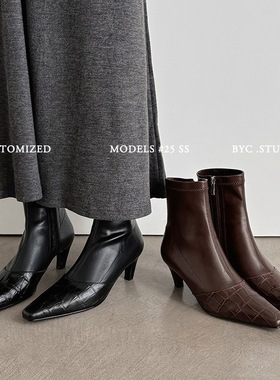 Seenlt-2025秋冬新款洋气尖头细跟中跟弹力瘦瘦靴百搭低跟舒适百