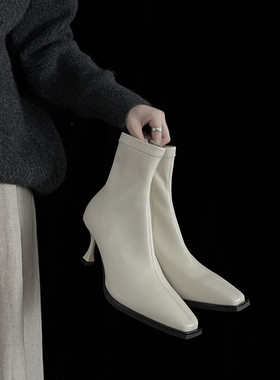 Seenlt-短靴女2025新款细跟气质后拉链弹力瘦瘦靴子棕色高跟切尔