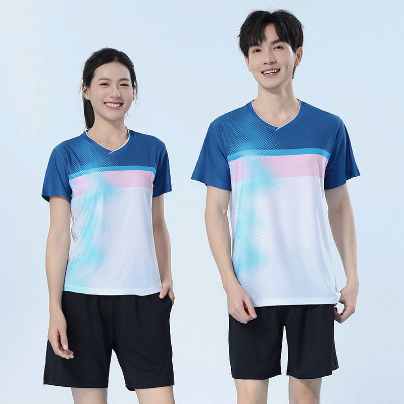 新款羽毛球服套装透气V领运动男女白蓝短袖比赛T恤乒乓球衣裙裤排