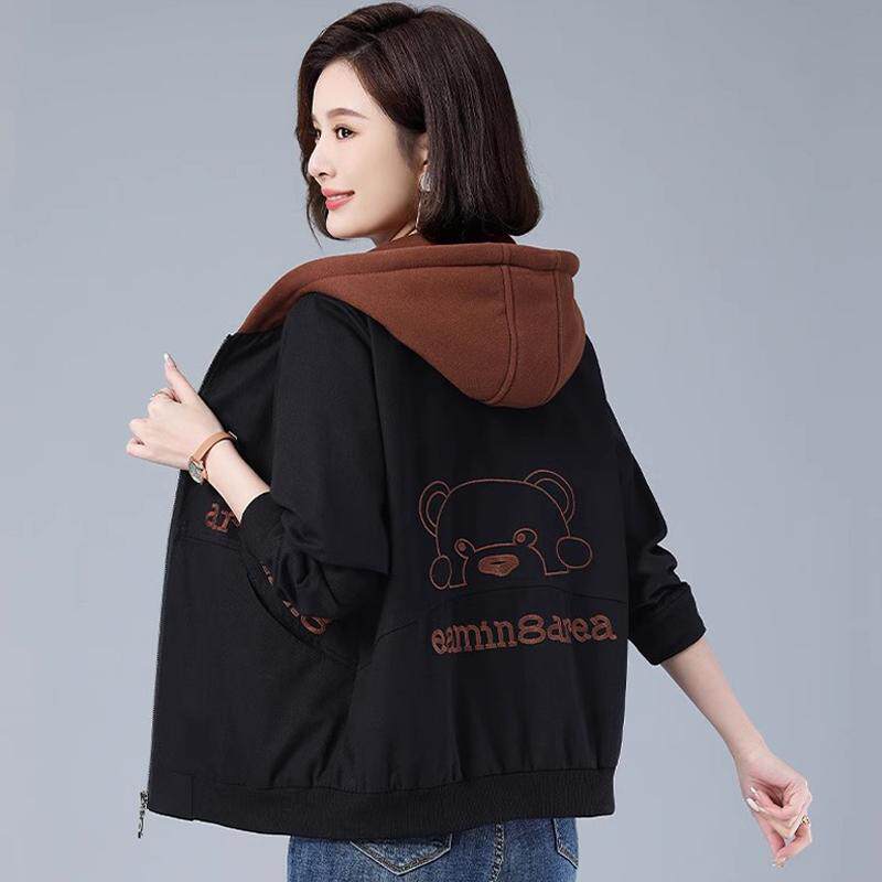 女士短外套宽松纯棉2026春秋新款中年小个子妈妈休闲大码连帽夹克