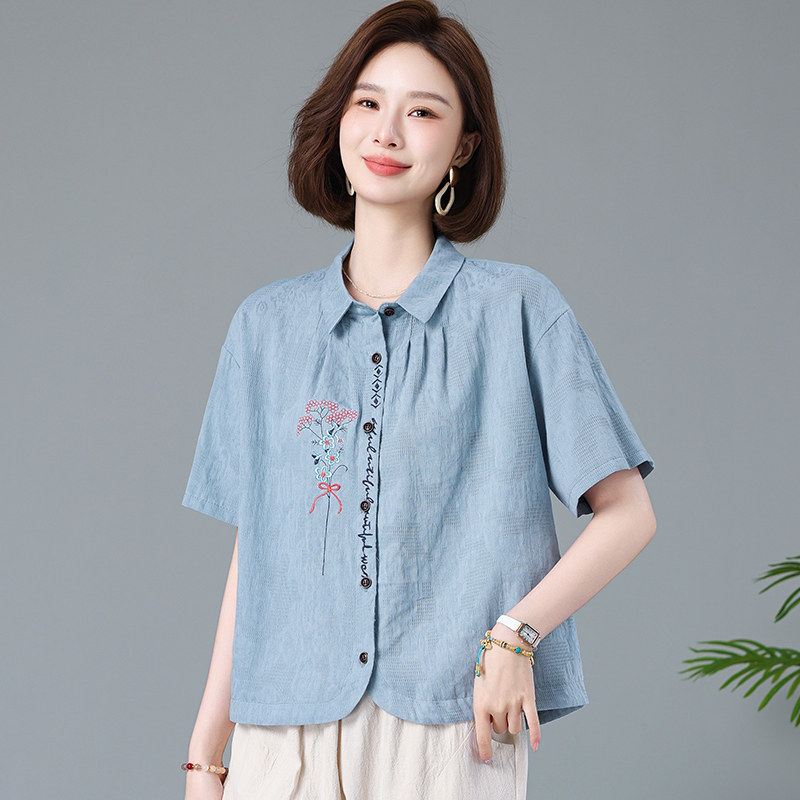 纯棉短袖衬衫女宽松2025夏季新款中年小个子妈妈文艺休闲刺绣上衣