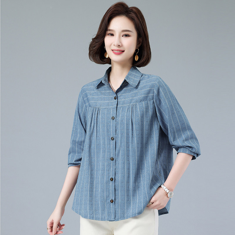 条纹衬衫女宽松2026春夏新款中年妈妈洋气大码休闲减龄上衣衬衣服