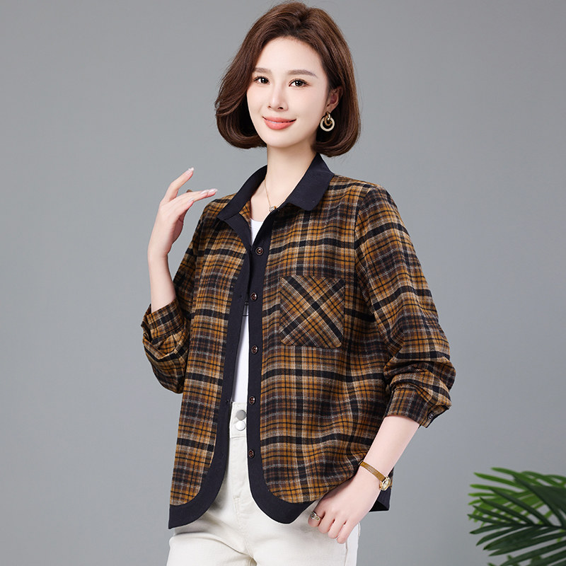 格子长袖衬衫女宽松纯棉2026年春秋新款中年妈妈休闲大码洋气衬衣