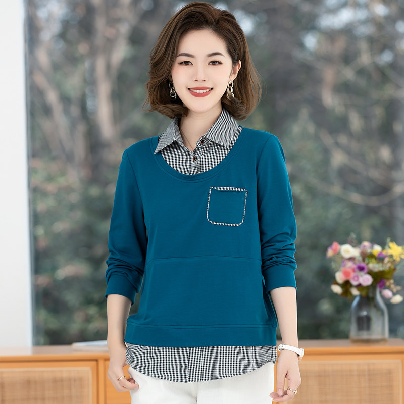 2025年秋装新款纯棉长袖T恤女宽松中年妈妈带领假两件上衣打底衫