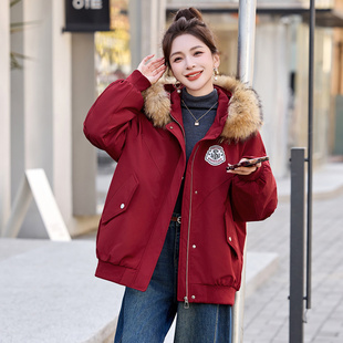 洋气大毛领白鸭绒保暖红色外套 新款 工装 派克羽绒服女宽松2025冬季