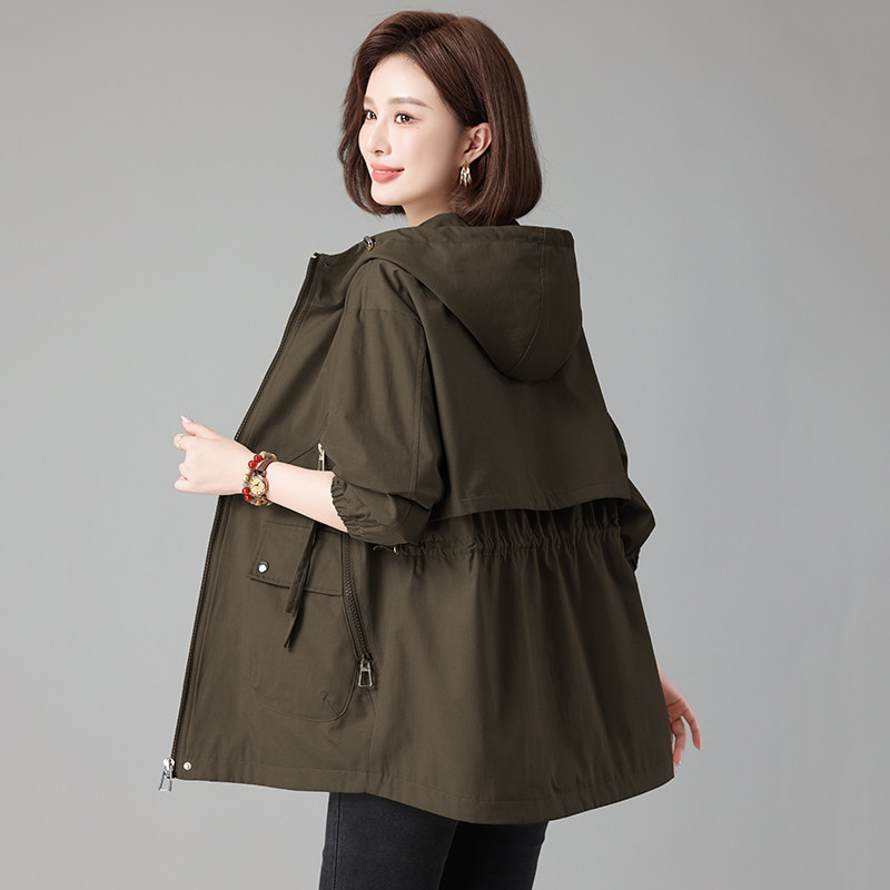 连帽风衣女中长款宽松2026春秋新款中年妈妈韩版休闲收腰显瘦外套
