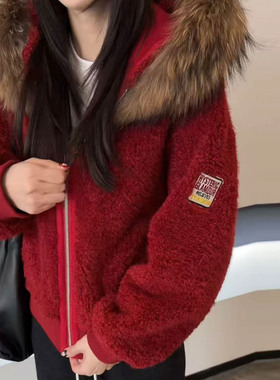 韩系貉子大毛领连帽皮毛颗粒绒短外套女25冬毛茸茸小个子开衫夹克