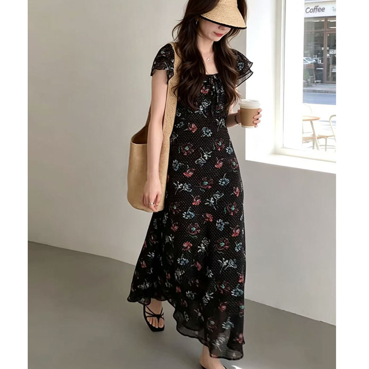 法式修身小飞袖系带碎花连衣裙女图片
