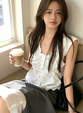 韩系V领纯棉褶皱收腰显瘦无袖衬衫单排扣皱皱设计时尚背心上衣女