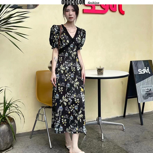 韩系chic法式复古V领碎花雪纺裙女26夏高腰蕾丝花边赫本风茶歇裙