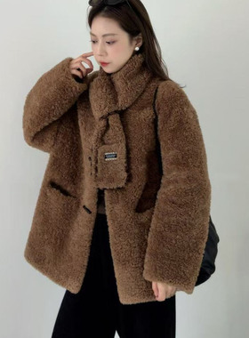 韩系羊剪绒皮毛一体围巾毛呢外套女25冬中长款加厚羊羔毛棕色大衣