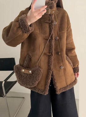 韩系美拉德风麂皮绒环保大衣2025冬加厚单排扣皮毛一体羊毛呢外套
