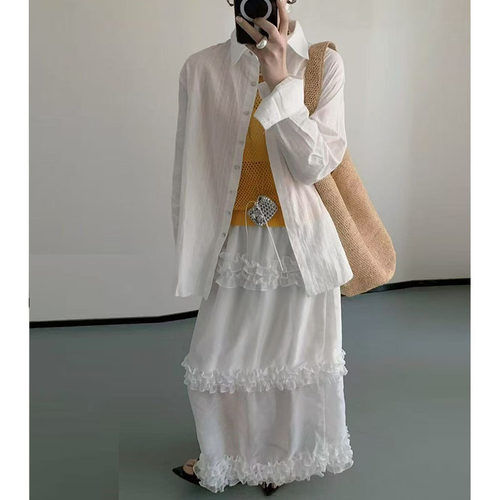 韩系公主风纯色木耳边半身裙