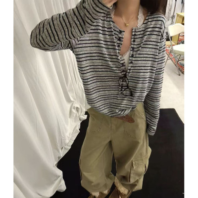 韩系复古老钱风条纹长袖T恤女