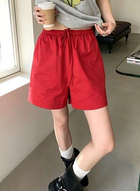 韩系宽松慵懒复古红色松紧腰抽绳全棉短裤女小个子宽松百搭休闲裤