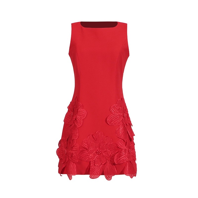 法式甜美风约会短裙秋季新款圆领无袖收腰设计立体花朵连衣裙