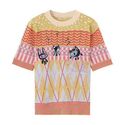 撞色短袖圆领卡通刺绣针织套头衫