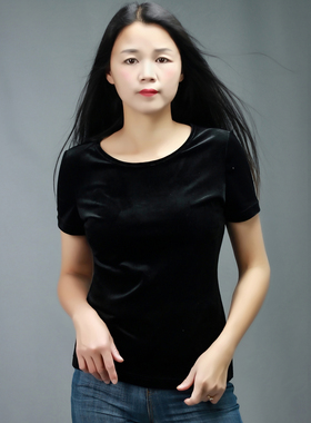 2025新款金丝绒短袖女t恤圆领上衣修身显瘦打底衫减龄洋气小衫夏