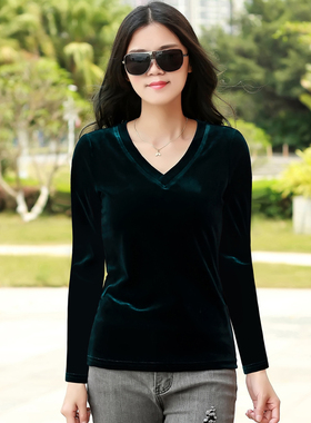 鸡心领t恤女金丝绒长袖打底衫新款上衣女v领秋冬修身显瘦大码女装
