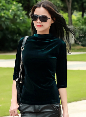 2025春秋新款时尚金丝绒上衣女半高领中袖t恤女五分袖打底衫女装