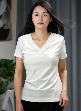 2025新款夏季白色金丝绒上衣女V领短袖t恤修身显瘦百搭半袖打底衫