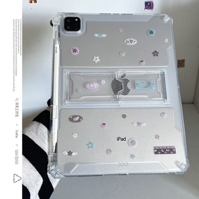 ins韩风镭射草莓音符透明适用苹果华为三星小米2025ipadpro保护套支架平板Air4678壳笔槽第十代12.9寸matepad