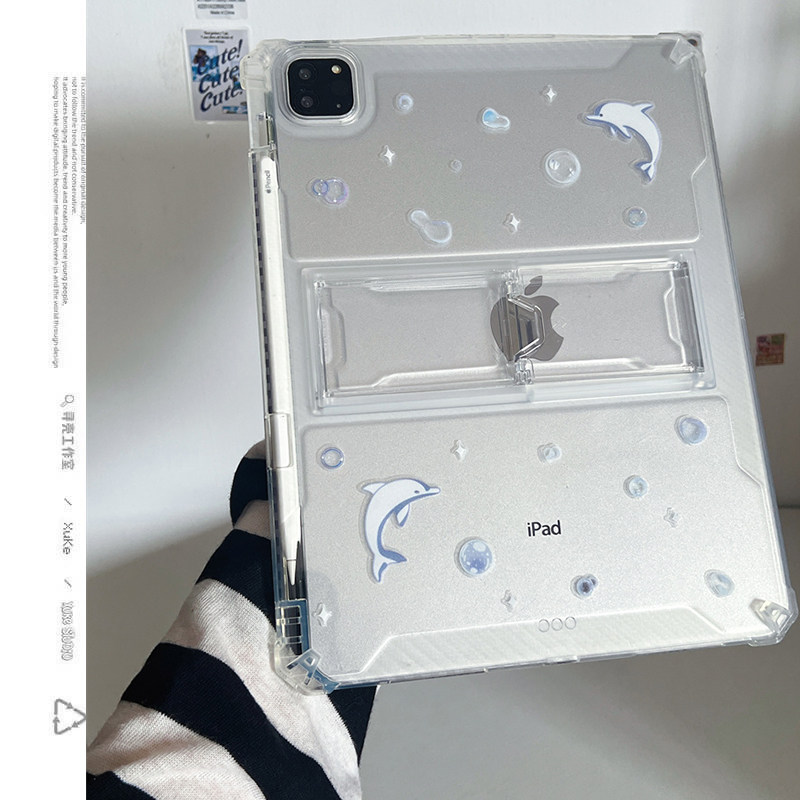 ins蓝色泡泡海豚透明适用苹果三星华为小米2025ipadpro保护套支架平板Air4678壳带笔槽第十代12.9寸matepad女