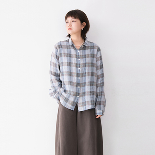 全亚麻亲肤舒适宽松翻领格子长袖衬衫女森系小清新文艺感上衣