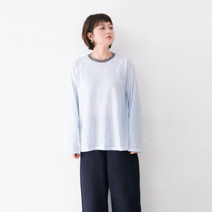棉质螺纹圆领撞色套头条纹长袖T恤女百搭休闲防晒宽松慵懒感上衣