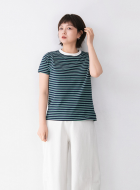 棉质弹力条纹2026春夏新短袖T恤女百搭休闲文艺风基础款正肩上衣
