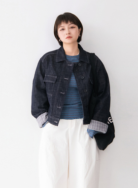 天丝棉麻质翻领格子拼接牛仔外套女春季新款短款小个子上衣