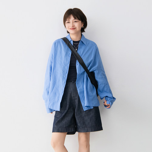 全亚麻纯色翻领长袖防晒上衣