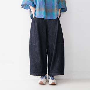 棉质松紧腰拼接九分牛仔裤 女日系小个子宽松慵懒感文艺风阔腿裤