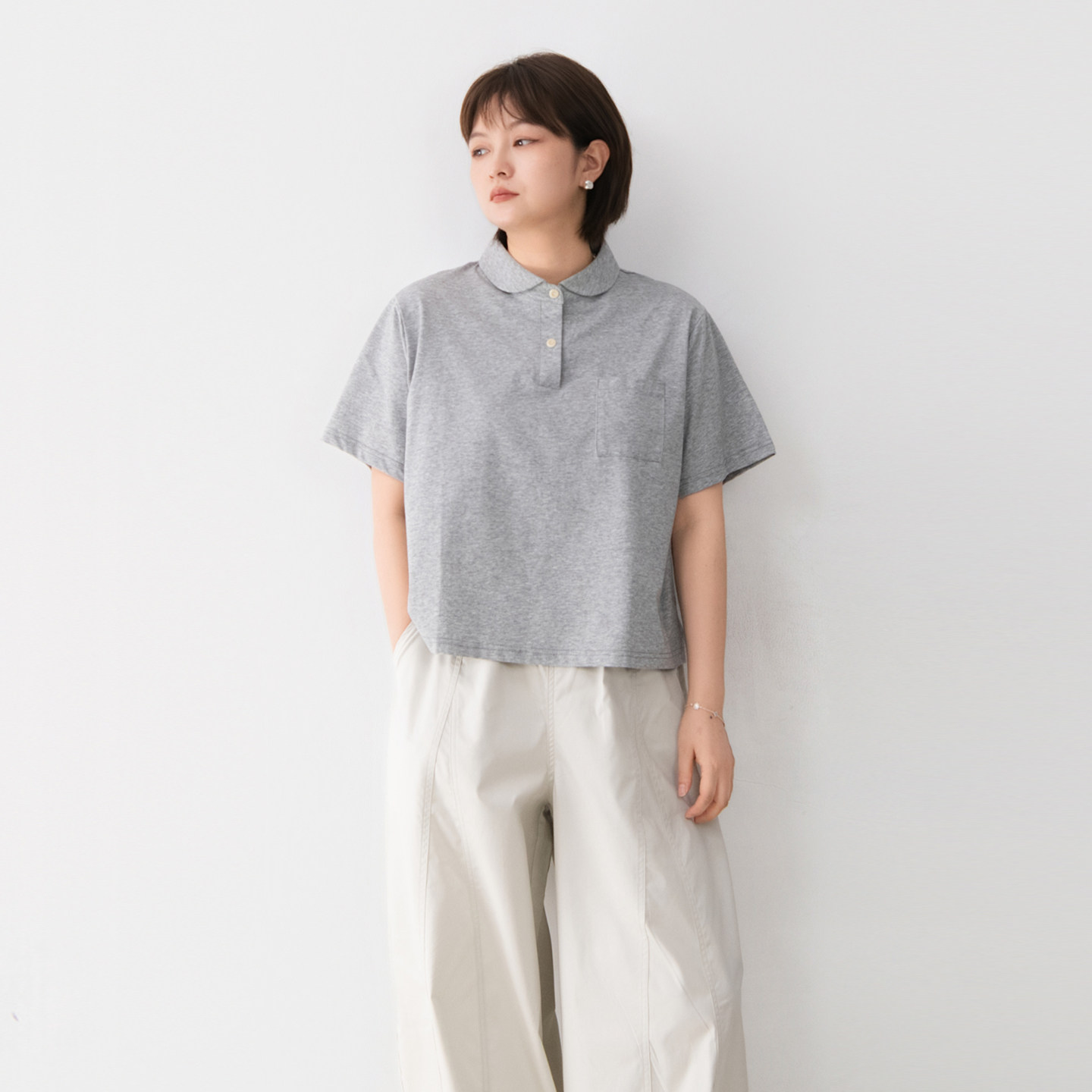棉质翻领纯色小口袋下摆开叉短袖T恤女宽松百搭休闲夏季新款上衣