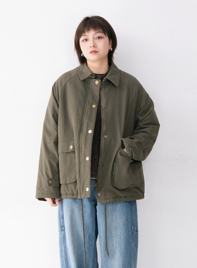 纯棉翻领插肩袖夹棉棉衣女大口袋日系复古文艺风百搭棉服上衣
