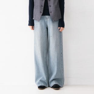 显瘦拖地裤 新款 女百搭休闲春季 棉质设计感喷墨直筒阔腿牛仔裤