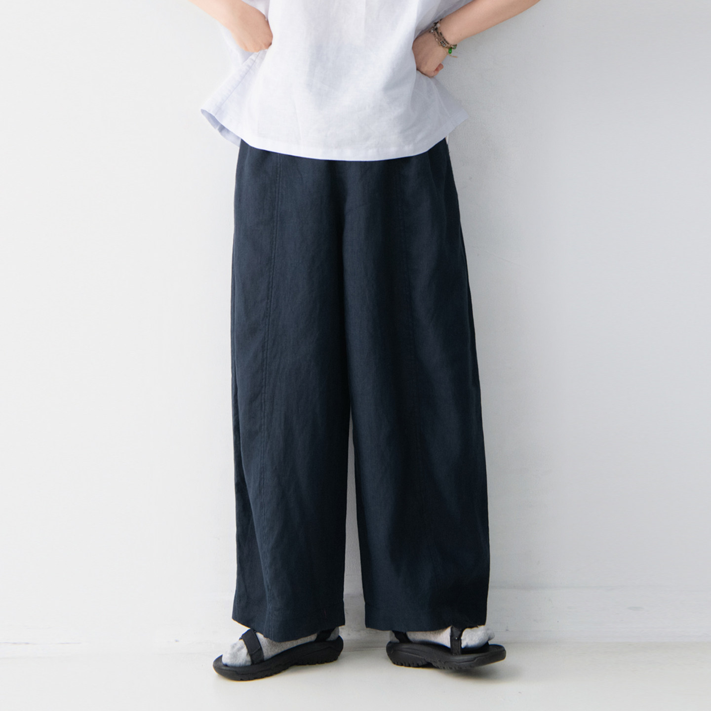 全亚麻半松紧腰拼接垂感休闲裤女纯色百搭夏季新款舒适随意长裤